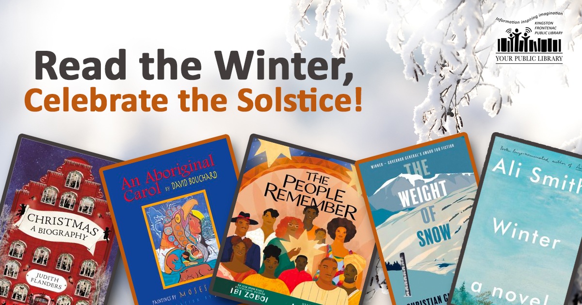 A collage of books on a snowy background with text reading Read the Winter, Celebrate the Solstice!