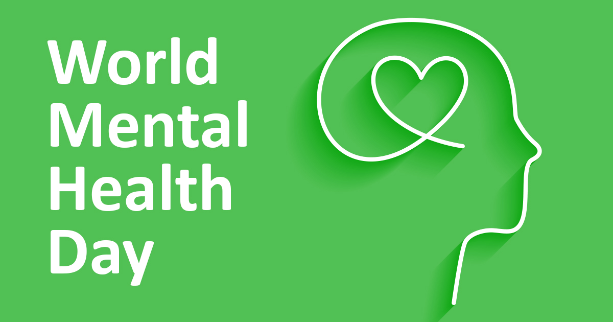 reen background with white text reading 'World Mental Health Day' and a side profile of a head with a heart-shaped line inside representing mental wellness.