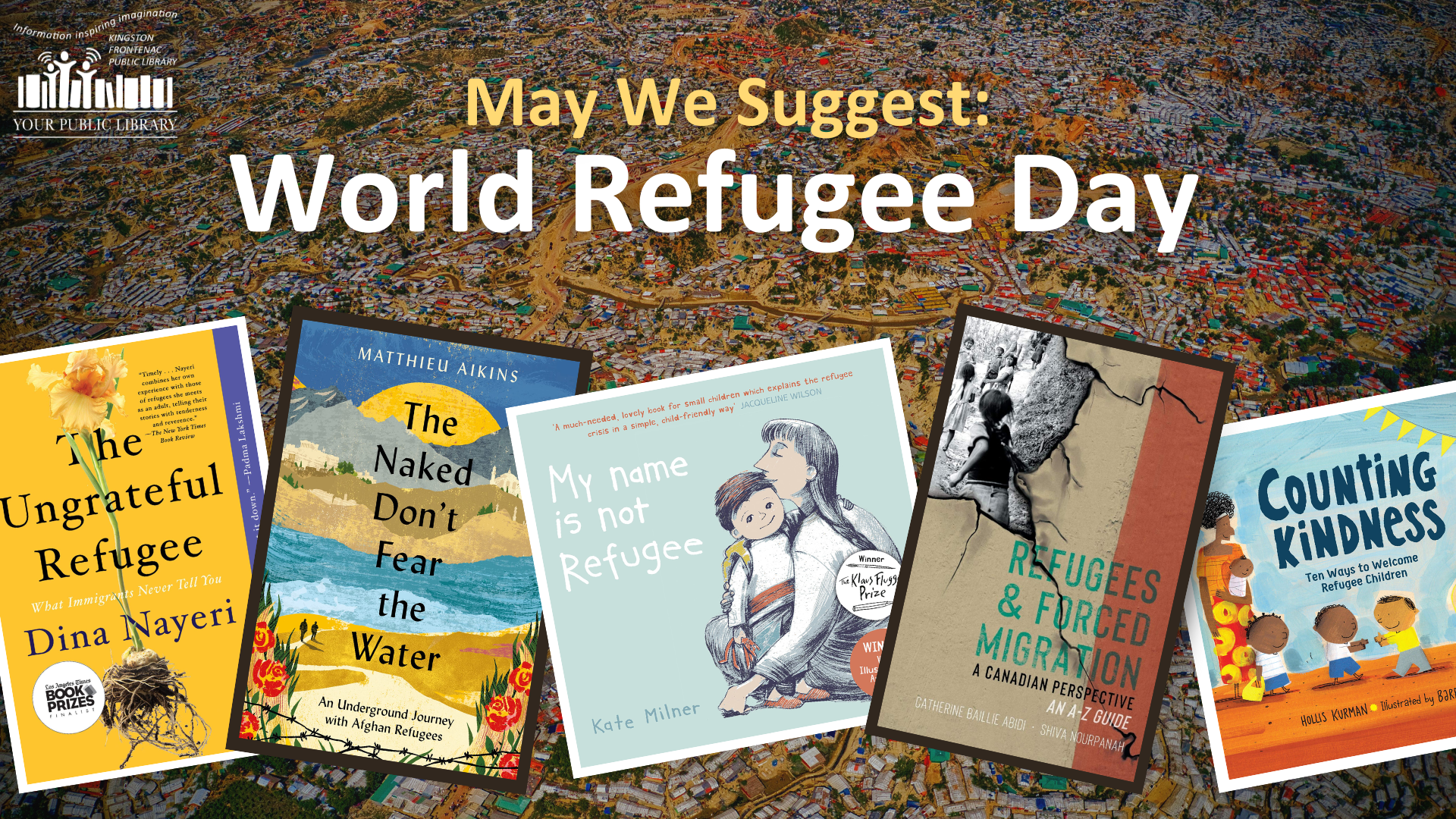 Several books with text reading May We Suggest: World Refugee Day
