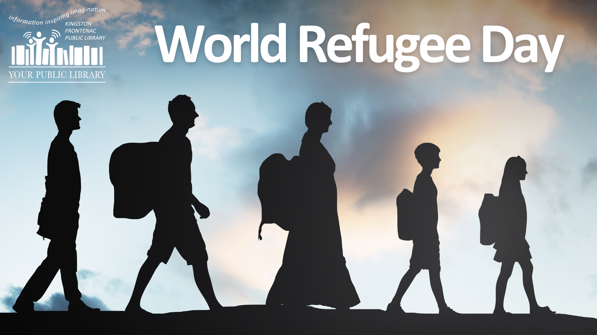 Silhouettes of people wearing backpacks, trekking across a cloudy landscape. Text reads World Refugee Day.