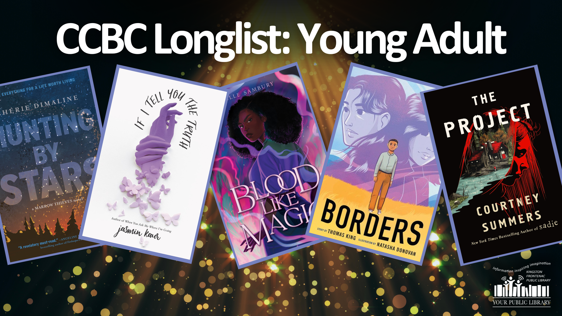 A collage of books against a spotlight background with text reading CCBC Longlist: Young Adult
