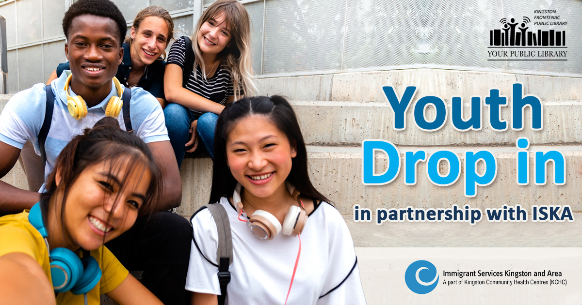 An image of a group of teens sitting on steps. The text reads, Youth Drop In. In paternship with ISKA.
