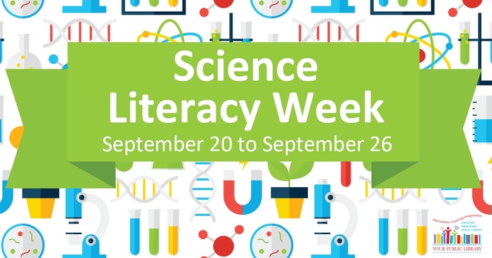 Cartoon images of science-related objects, with a green banner over the top of these pictures. Text reads 'Science Literacy Week.'