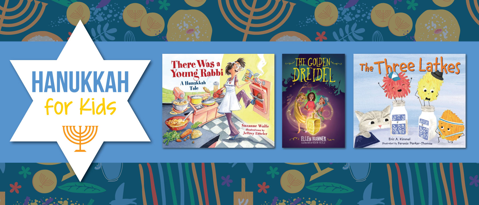 A collage of books and other materials with text reading Hanukkah for kids.