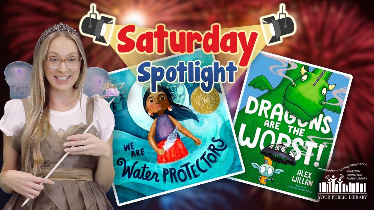 Erika, a woman with blonde hair, is dressed as a fairy with a collage of books. Text reads Saturday Spotlight.