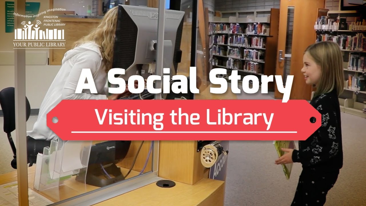 A child with blonde hair wearing black approaches the library reference desk with a book in hand. Text reads Social Story: Visiting the Library