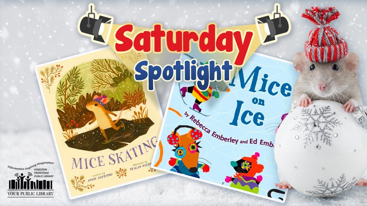 A mouse with a Christmas ornament and tiny hat, with a collage of mouse themed books. Text reads Saturday Spotlight.