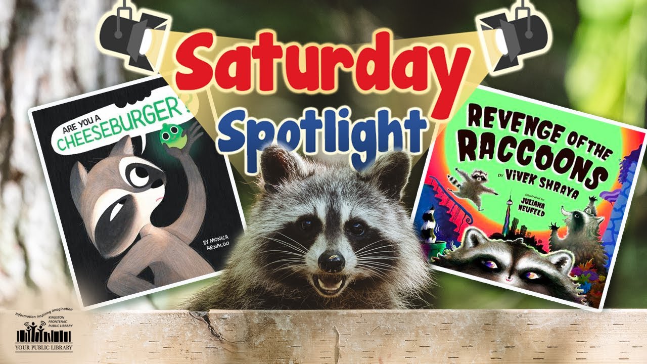A racoon with racoon themed books and text reading Saturday Spotlight.
