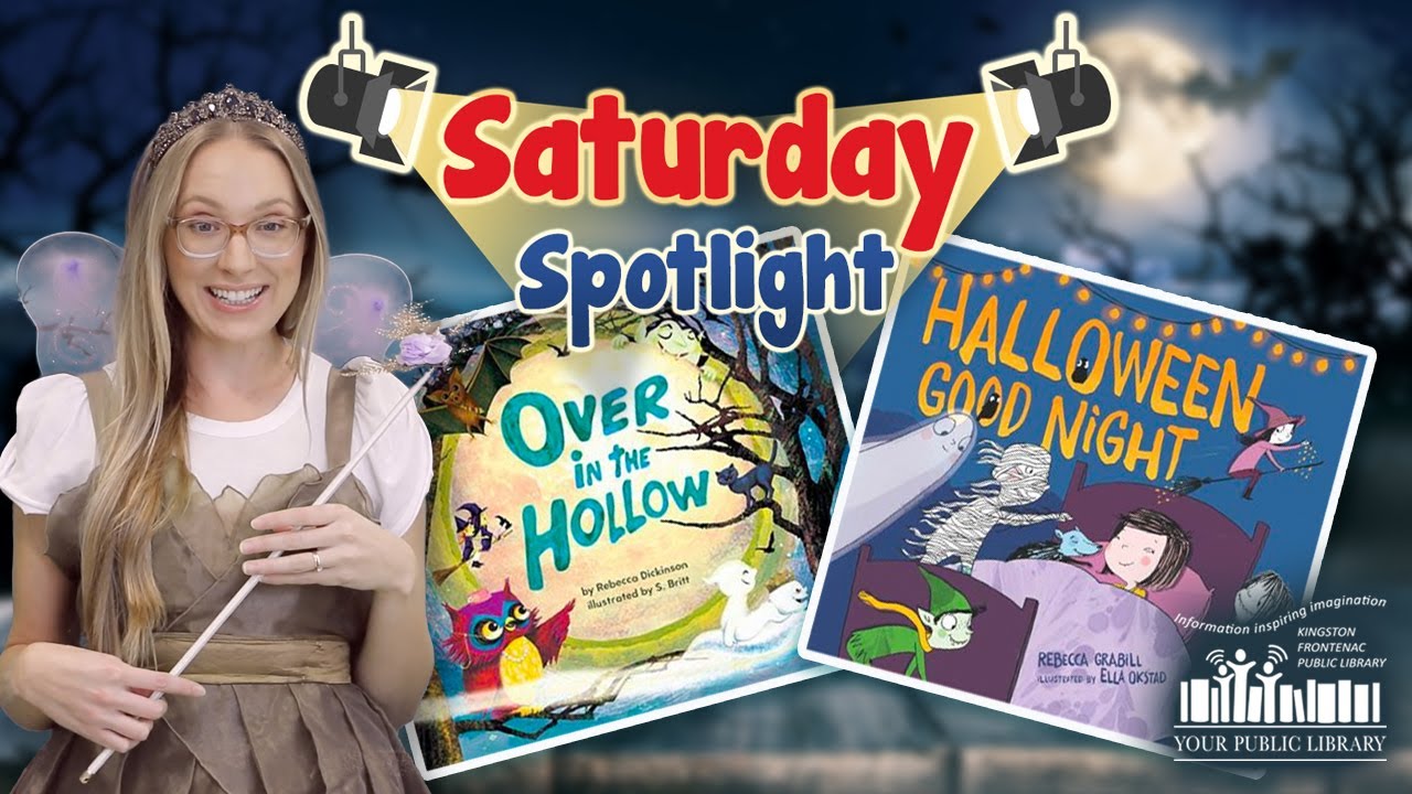 Erica, a woman with blonde hair, is wearing a fairy costume. There are Halloween books on a Halloween background, with text reading Saturday Spotlight.