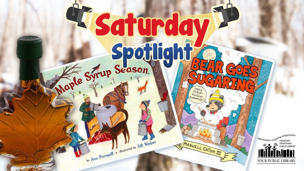 Books about maple syrup against a maple tree background with a bottle of maple syrup in the front.