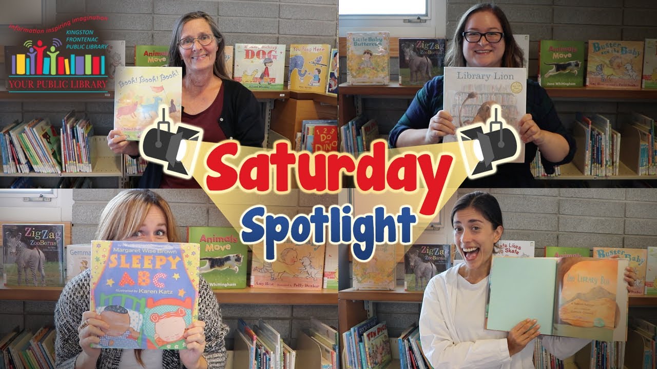 Four programmers standing in front of book shelves, each holding a favourite book. Text reads Saturday Spotlight.