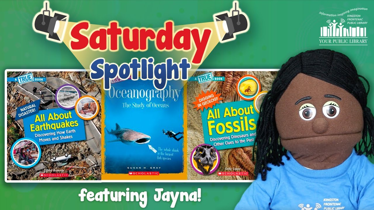 A puppet with several books and text reading Saturday Spotlight featuring Jayna.