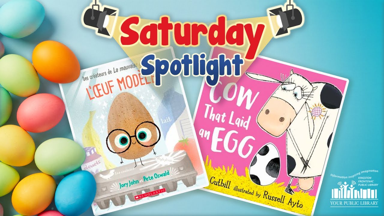 A collection of books against a background with eggs, with text reading Saturday Spotlight