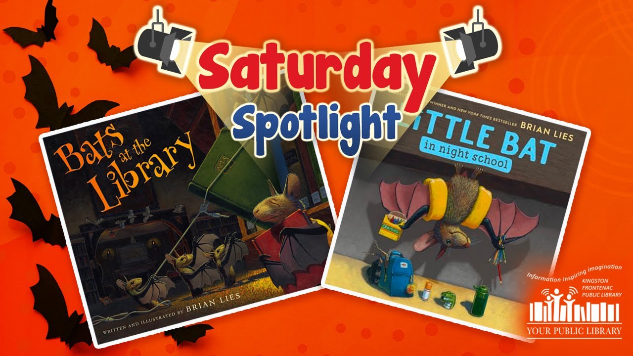 Two bat-themed books on an orange background with small bats behind the books. Text reads Saturday Spotlight.