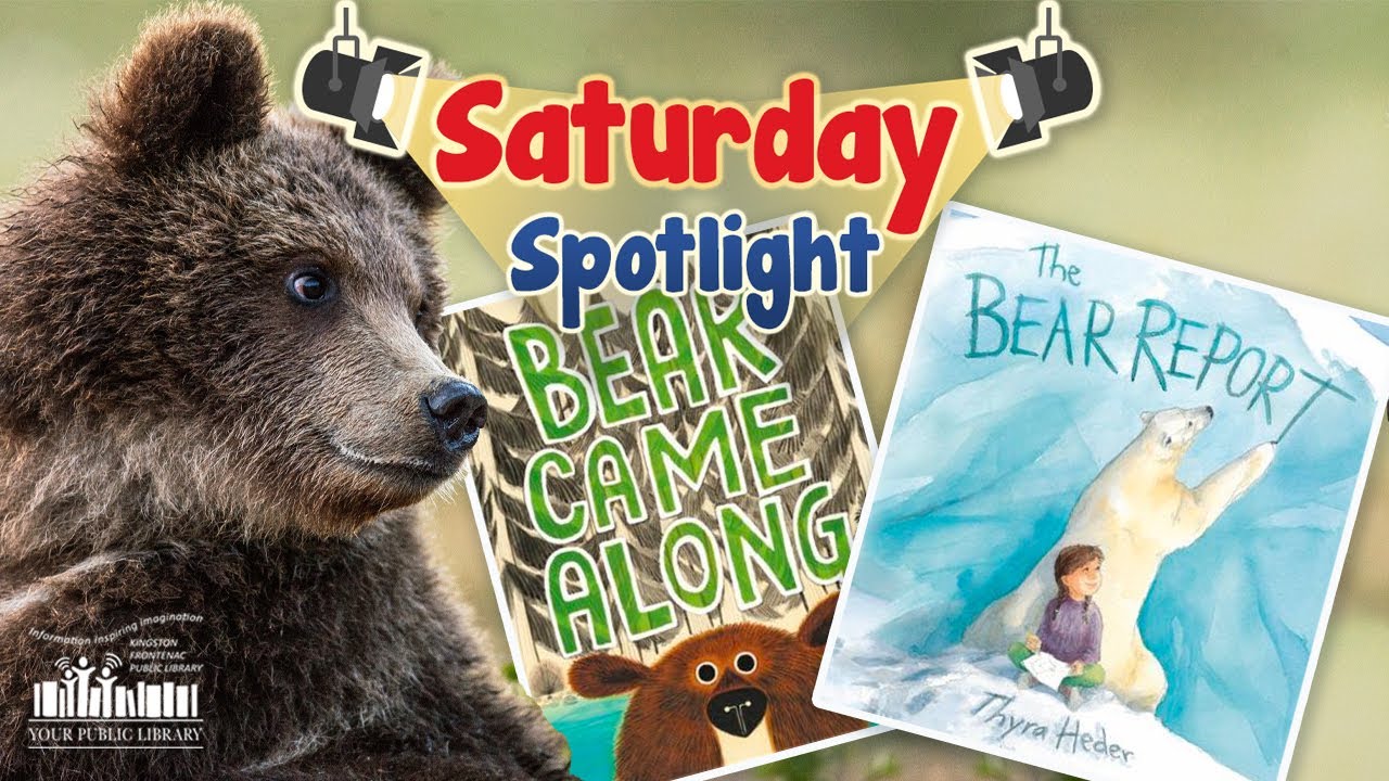 A collage of books about bears with an image of a bear. Text reads Saturday Spotlight.