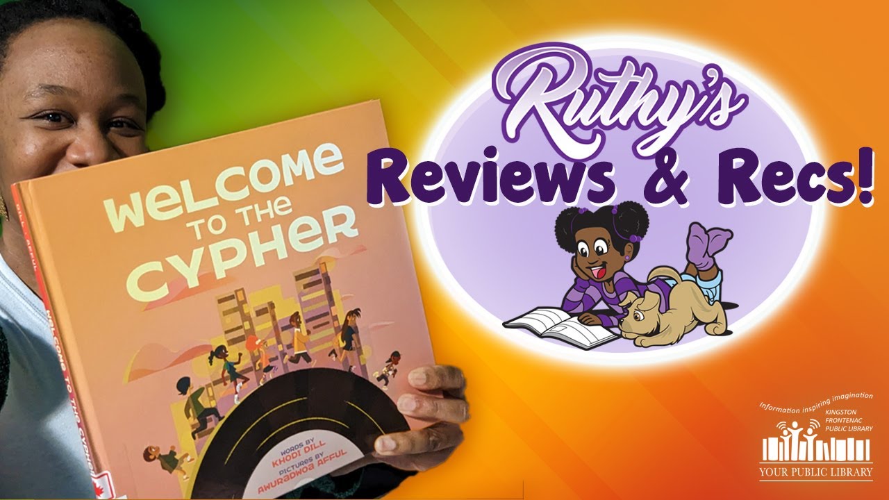 Michelle, a woman with medium-dark skin tone and dark hair, holds the book Welcome to the Cypher. Text reads Ruthy's Reviews & Recs with an illustrated image of a young Black girl with pigtails, a purple shirt, and a dog, reading a book.