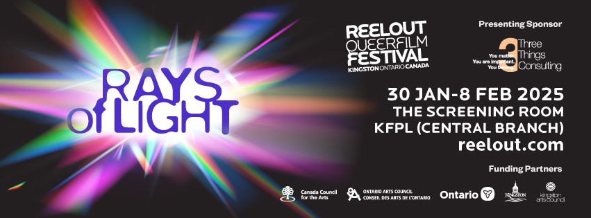 An image of rays of coloured lights on a black background. The text reads Rays of Light, Realout Queer Film Festival.