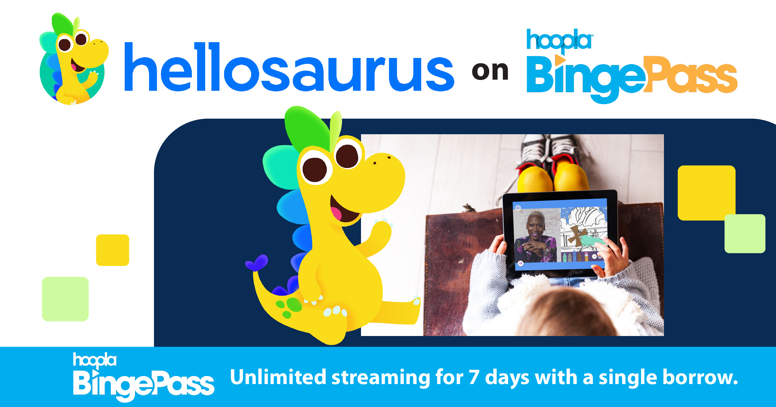 A child using Hellosaurus on a tablet. Text reads Hellosaurus on hoopla Binge Pass.