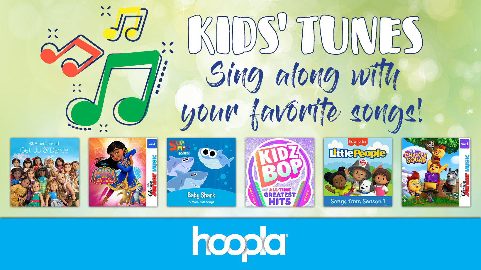 A collage of kids' albums with text reading Kids' Tunes - Sing along with your favourite song!
