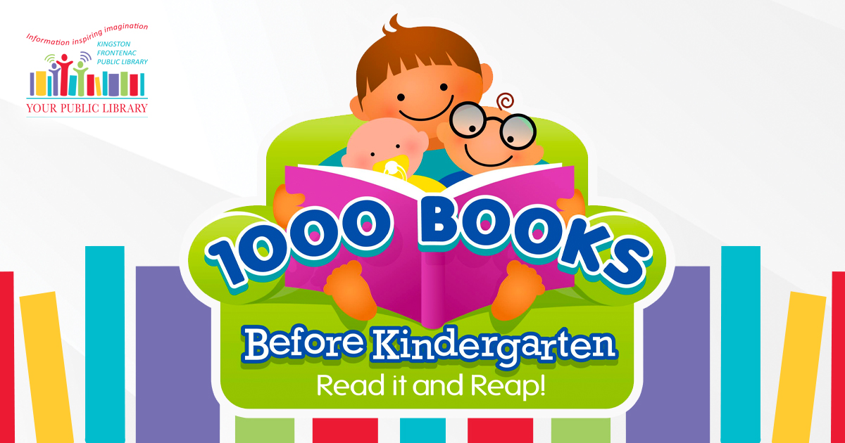 An adult and two children sitting on a couch with an opened book. The KFPL logo is behind. Text is overalyed on the image: "1000 Books Before Kindergarten. Read it and Reap!"