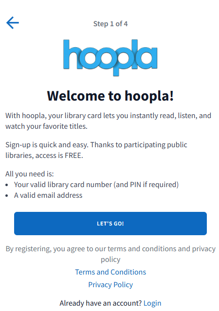 hoopla welcome screen showing Step 1 of 4 with registration requirements and Let's Go button