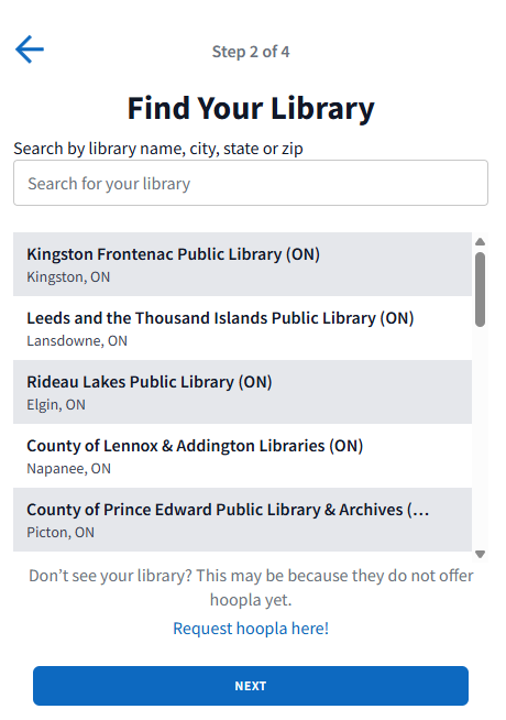 Library selection screen showing Step 2 of 4 with search bar and list of Ontario public libraries