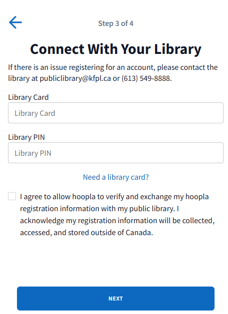 Account connection screen showing Step 3 of 4 with library card and PIN input fields