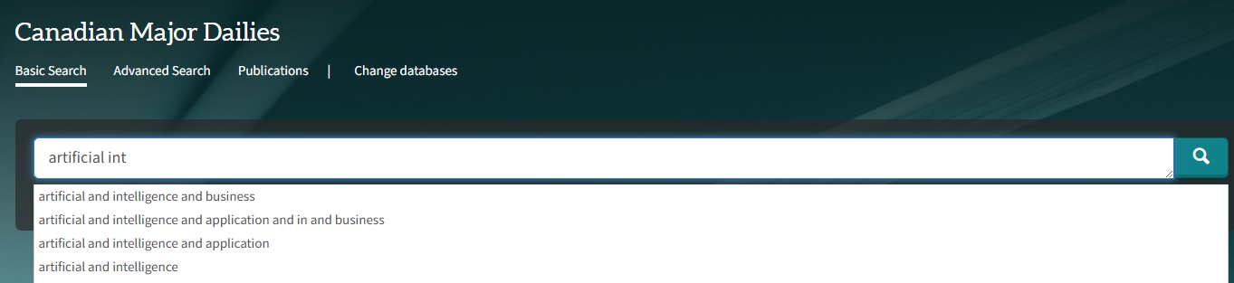 Canadian Major Dailies search interface with autocomplete suggestions for artificial intelligence search term