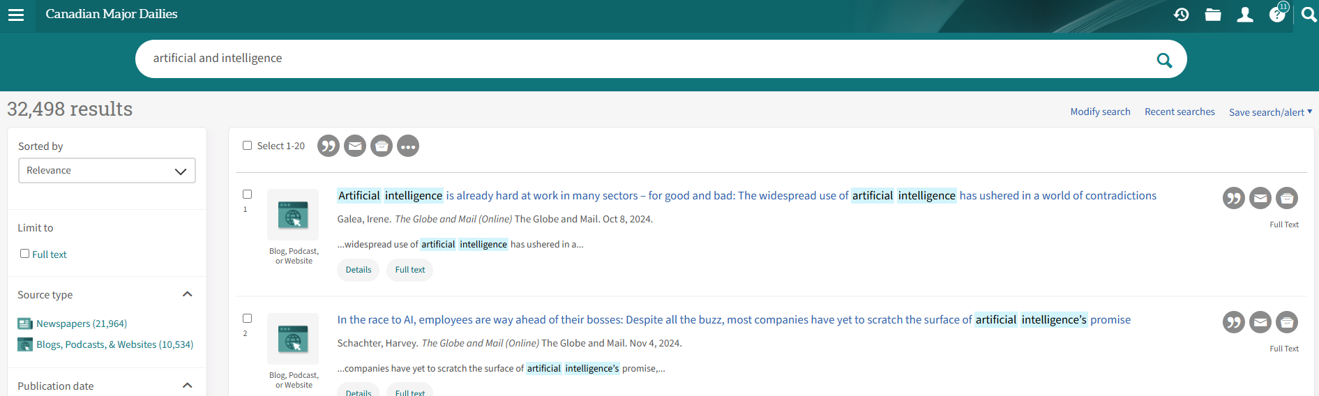 Search results page showing 32,498 results for artificial intelligence in Canadian Major Dailies database