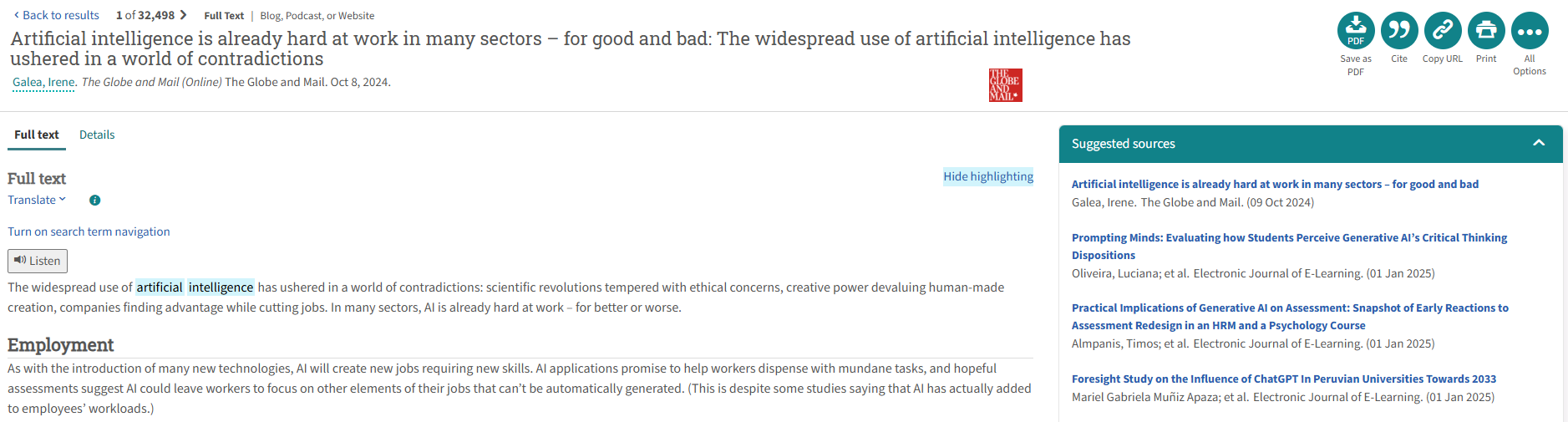 Full text view of Globe and Mail article about artificial intelligence with suggested sources sidebar