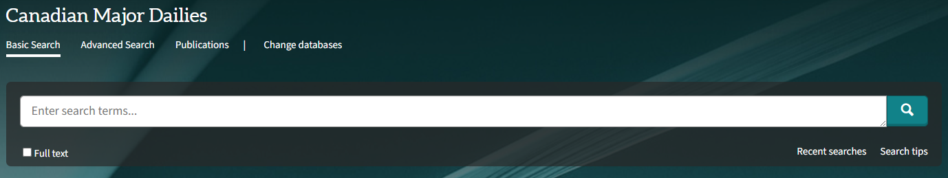 Canadian Major Dailies basic search homepage with empty search box and full text filter option
