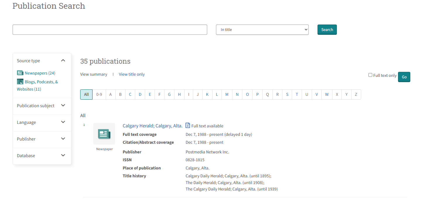 Publication search results showing 35 Canadian newspapers and blogs with alphabetical filter navigation