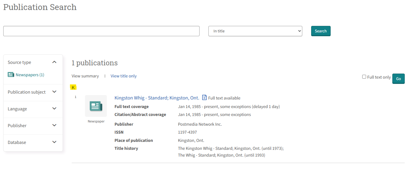 Publication details page for Kingston Whig-Standard newspaper showing coverage dates and publication information