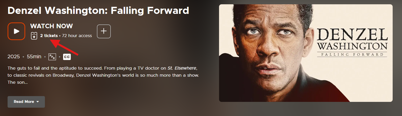 Kanopy movie page for Denzel Washington: Falling Forward showing available viewing tickets and access duration