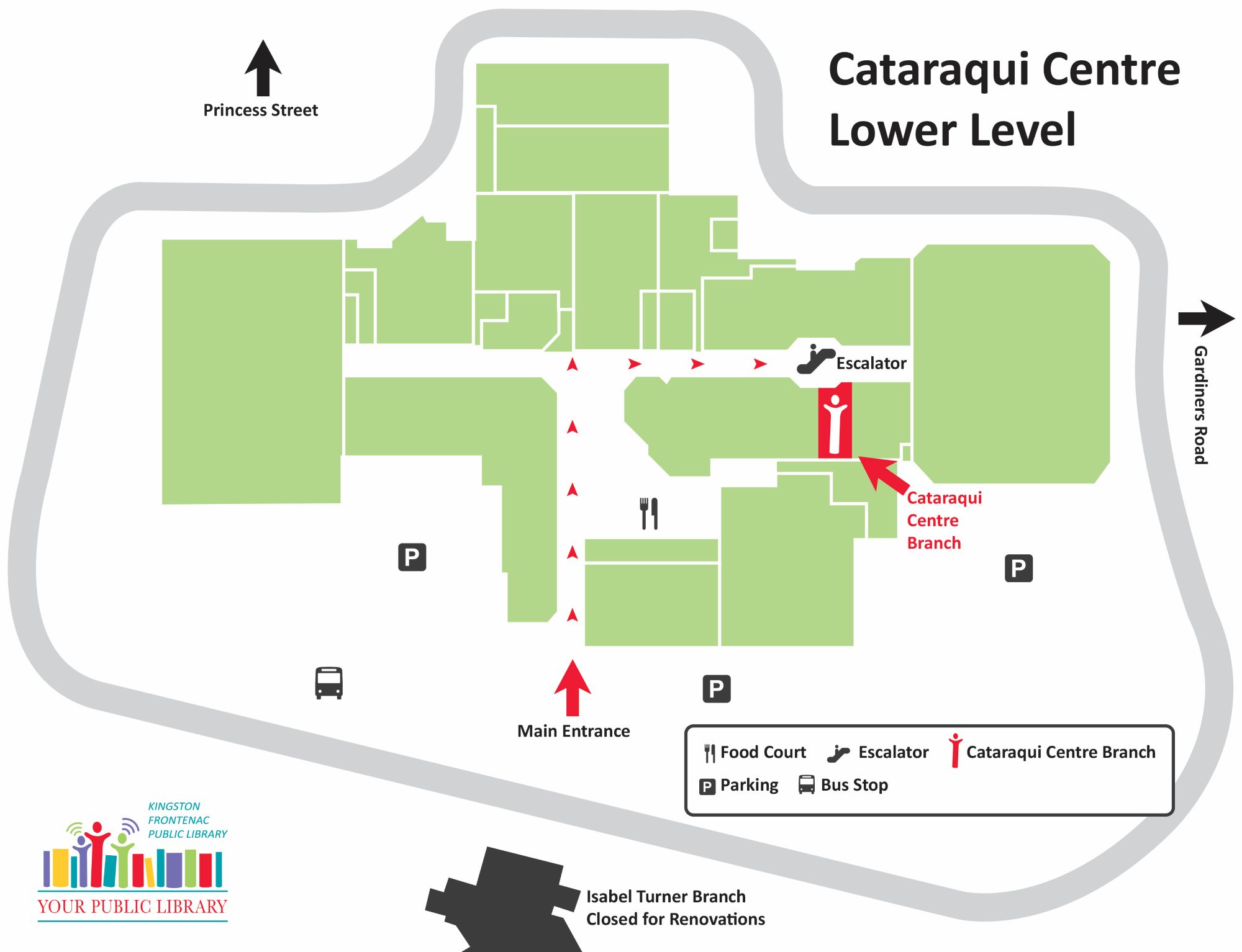 Simplistic map of the lower level of the Cataraqui Centre, with waypoints to show the recommended way to get to the Cataraqui Centre Branch.